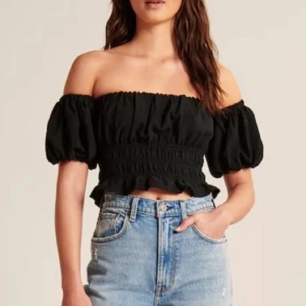Abercrombie Women's Off-The-Shoulder Smocked Puff Sleeve Top black